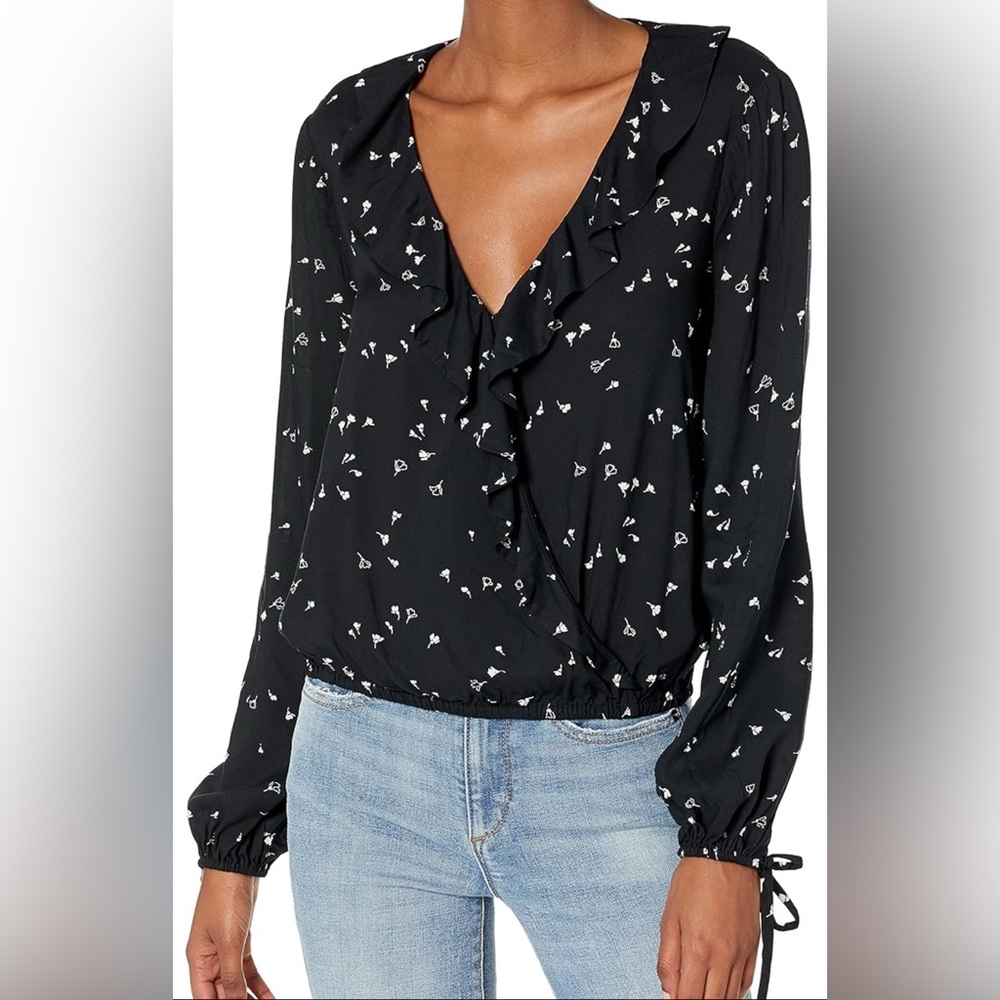 Paige Floral Abelie Surplice Front Long Sleeve Top - Black - S